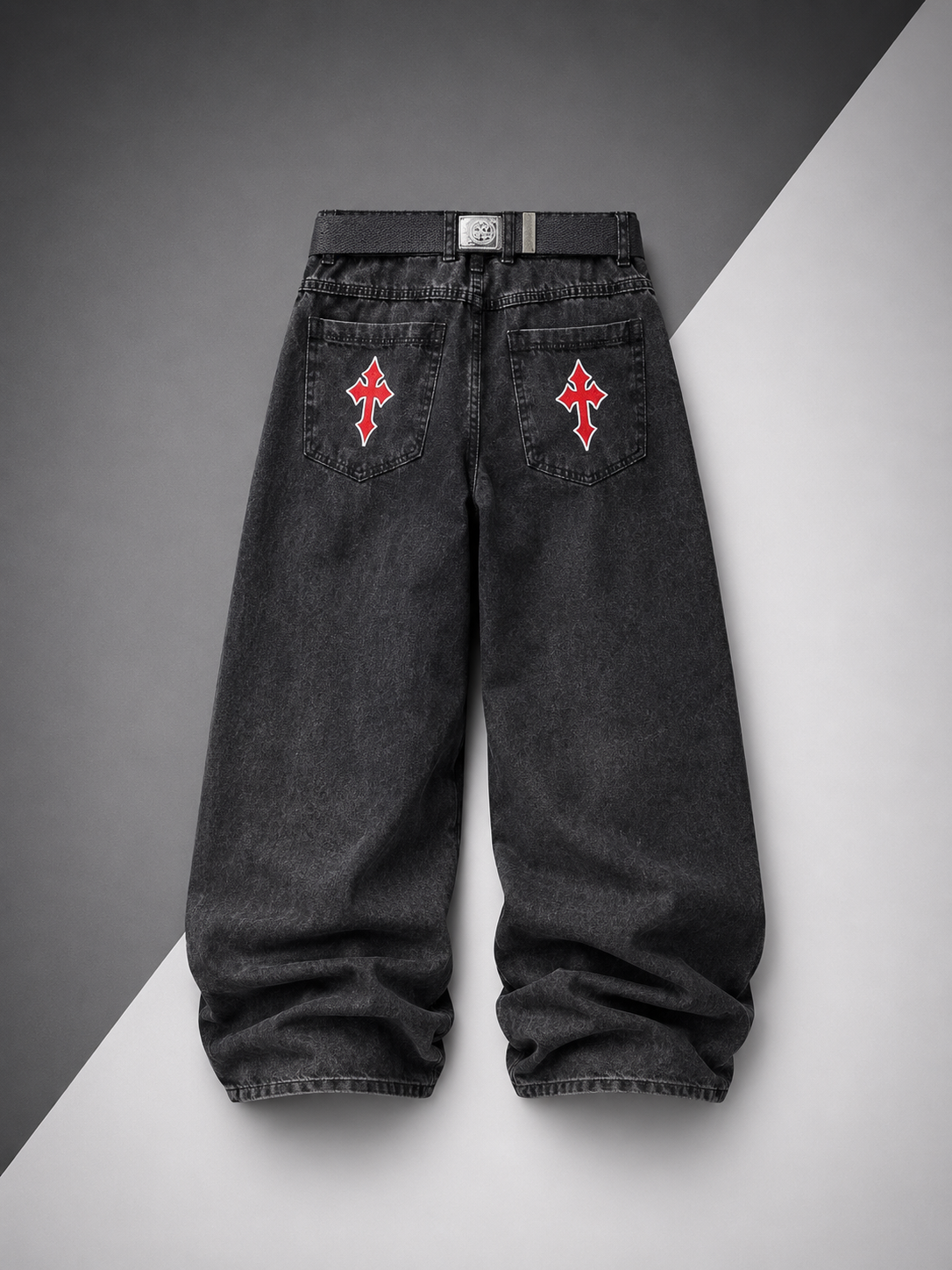Calça Jeans Baggy Premium Streetwear Oversized Bordado Cruz